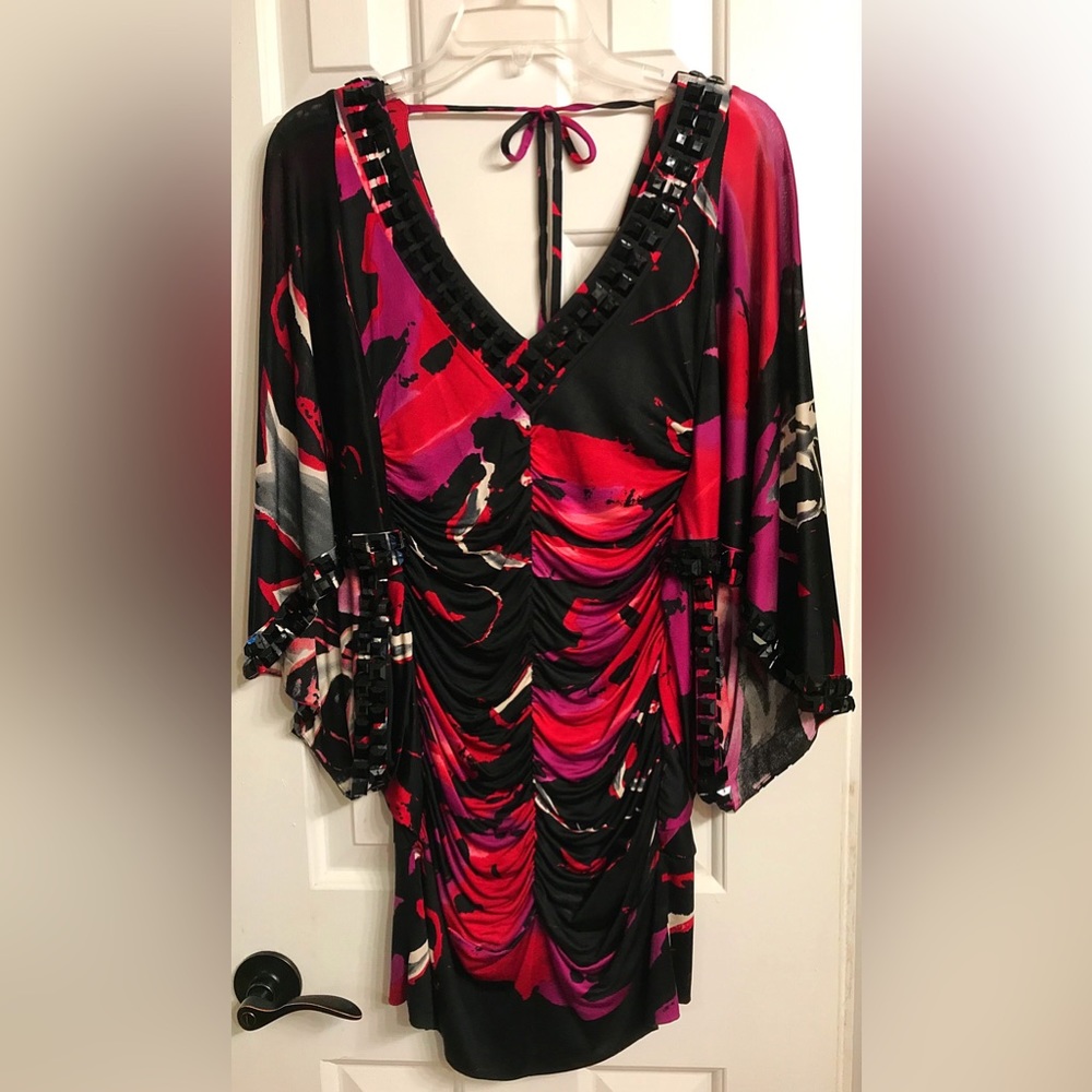 Bebe multicolor Dress with Black Beads on Neckline and both Sleeves